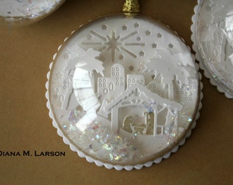 Nativity ornament, snow globe, manger scene, handmade, pure white, Christ is born, Jesus is the reason for the season, Love