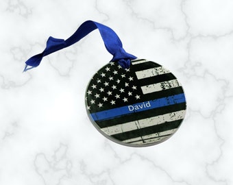 Ceramic ornament, Thin Blue Line ceramic ornament, police support, personalized Christmas ornament, custom Name, Dept. or Badge#