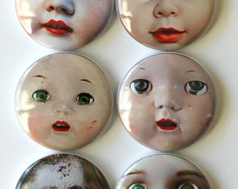 Flair buttons, vintage doll face pins, Doll face buttons, Doll buttons, vintage doll faces on buttons,  sewing, doll face badges, doll face