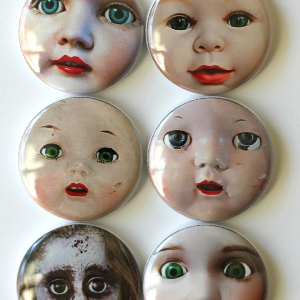 Flair buttons, vintage doll face pins, Doll face buttons, Doll buttons, vintage doll faces on buttons,  sewing, doll face badges, doll face