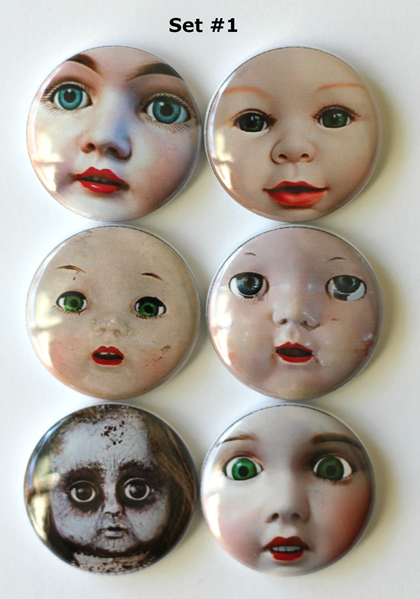 Flair buttons, vintage doll face pins, Doll face buttons, Doll buttons, vintage doll faces on buttons,  sewing, doll face badges, doll face