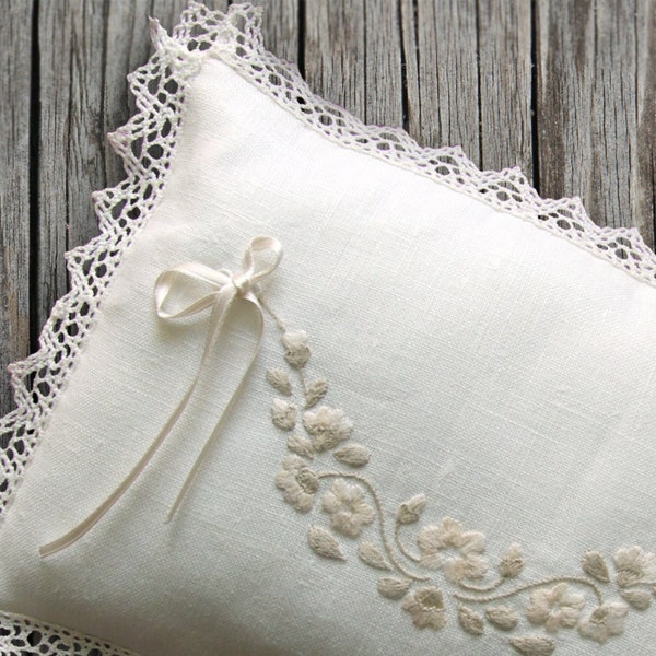 Italian Wedding Ring Pillow Linen Hand embroidered flowers