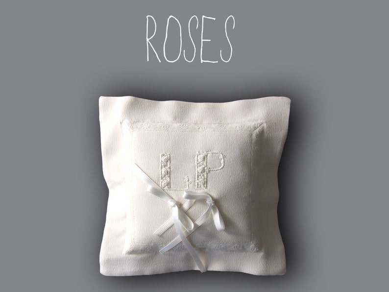 Wedding Ring Pillow Hand embroidered initials organic Silk Charmeuse image 2