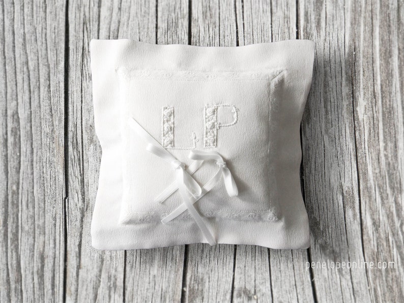 Wedding Ring Pillow Hand embroidered initials organic Silk Charmeuse image 3