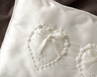 Wedding Pillow hand embroidered hearts initials shantung silk