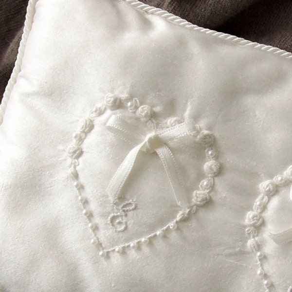Wedding Pillow hand embroidered hearts initials shantung silk