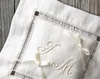 Traditional Italian Wedding Pillow Hand embroidered initials linen minimalist ivory