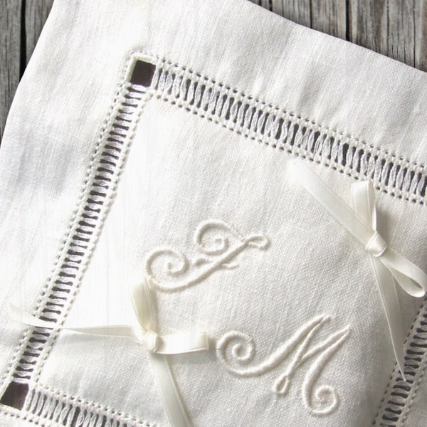 Traditional Italian Wedding Pillow Hand embroidered initials linen minimalist ivory