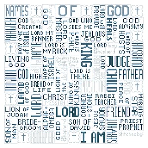Puede incluir: Un muestrario de punto de cruz con los "Nombres de Dios" en una cuadrícula. Texto azul oscuro sobre fondo blanco. Palabras clave: "Señor", "Rey" y "Padre".