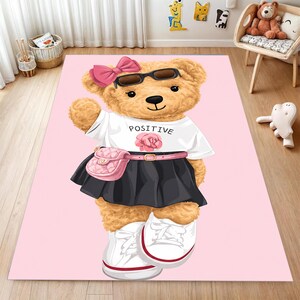 Tappeto con orsacchiotto, decorazione per cameretta Coquette, tappeto con fiocco rosa, passatoia antiscivolo lavabile