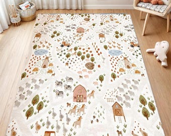 Farm Animal Playroom Rug, Kids Farmhouse Nursery Decor, Washable Non-Slip Carpet