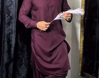 Men's Wine Cotton Pathani Salwar Kameez Suit Set, Mens Pakistani Kurta, Handmade Tunic - Loungewear