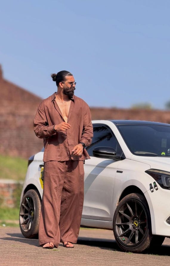 Men's Cotton Bollywood Cord Set - Loose Fit Top and Bottom, Resort Wear, Beach Wear, Co-ord Set