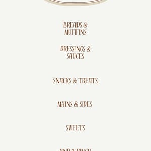 May include: A cream-colored page with a table of contents for a cookbook. The text includes "Table of Contents," "Breads & Muffins," "Dressings & Sauces," "Snacks & Treats," "Mains & Sides," "Sweets," and "And a Pinch More." A small lavender sprig is at the bottom.