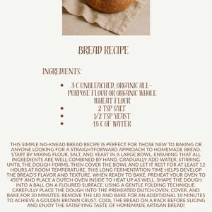 May include: A rustic loaf of artisan bread rests on a linen cloth. The image is part of a bread recipe, with ingredients listed as unbleached flour, salt, yeast, and water. The recipe text is visible in the image.