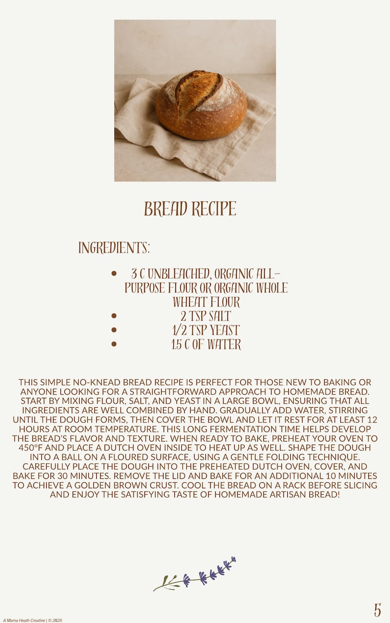 May include: A rustic loaf of artisan bread rests on a linen cloth. The image is part of a bread recipe, with ingredients listed as unbleached flour, salt, yeast, and water. The recipe text is visible in the image.