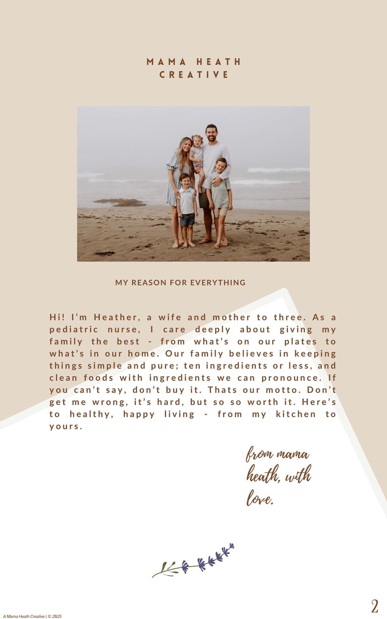 May include: A family portrait on a beach with the text "MAMA HEATH CREATIVE" at the top. The text "MY REASON FOR EVERYTHING" is above a paragraph of text. The words "from mama heath, with love" are at the bottom.