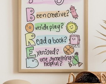 BORED Poster Printable for Kids Fun Activities Chart Creative Screen-Free Ideas Homeschool or Classroom Wall Art Kids Motivation