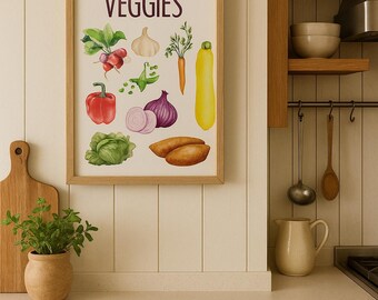Könnte beinhalten: Ein gerahmter Druck mit dem Text "Eat your veggies" und Aquarellillustrationen verschiedener Gemüsesorten, darunter eine rote Paprika, eine Zwiebel und eine Karotte. Der Druck wird in einer Küchenumgebung mit Holzschränken und einer Arbeitsplatte angezeigt.