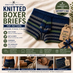 May include: Knitted boxer briefs featuring a ribbed texture with horizontal stripes in navy blue, grey, and green. The garment includes a contoured front pouch and a wide elasticized waistband. A brown paper gift tag reads Happy Father's Day.