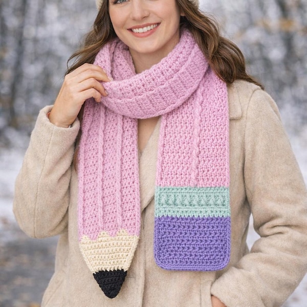 Sharpened Pencil Scarf Crochet Pattern PDF | Back-to-School Teacher Gift | Colorwork Scarf Tutorial | Digital Download