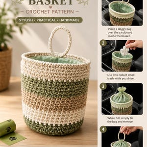 Könnte beinhalten: Gehäkelter Auto-Mülleimer mit Streifen in Beige, Grün und Braun, mit Griff. Der Text auf dem Bild lautet "CAR TRASH BASKET" und "STYLISH • PRACTICAL • HANDMADE". Geeignet für kleine Abfälle und Hundekotbeutel.
