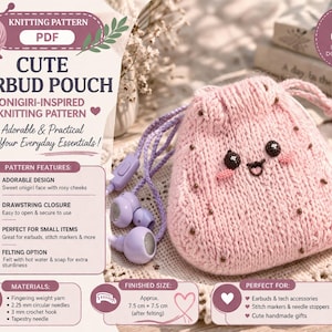 May include: A pink knitted earbud pouch with a drawstring closure, featuring an adorable onigiri face with rosy cheeks. The pouch is designed to hold small items and measures approximately 7.5 cm x 7.5 cm. The image also includes text that says "Cute Earbud Pouch".