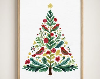May include: A framed art print featuring a stylized Christmas tree illustration. The tree is composed of green pine branches, red birds, red flowers, and yellow accents, topped with a gold star, all set against a plain white background.