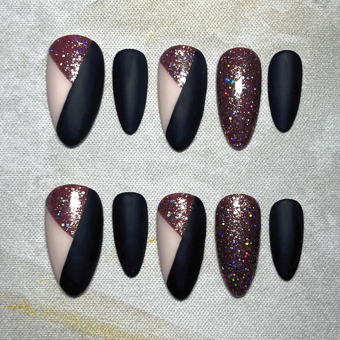 Black and Pink Glitter Triangle Press on Nails - Etsy