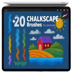May include: A digital illustration on a tablet screen showcasing a "Chalkscape" brush set for Procreate. The image features a house, sun, clouds, and colorful brush strokes. A white Apple Pencil rests at the top.