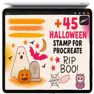 Maak Halloween-penselen voort: geesten, vleermuizen, pompoenen, heksenhoedenborstelset, spookachtige krabbelstempels voor iPad, papierstructuren en kleurenpaletten