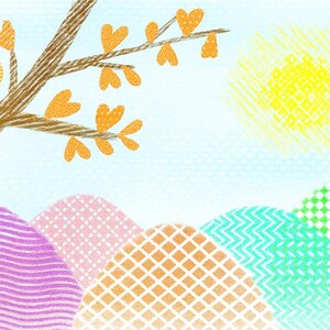 K&ouml;nnte beinhalten: Eine skurrile Illustration mit einem Ast mit herzf&ouml;rmigen Bl&auml;ttern und einer gelben Sonne in einem hellblauen Himmel. Darunter bunte H&uuml;gel mit gemusterten Designs in Lila, Rosa, Orange, T&uuml;rkis und Gr&uuml;n, die dem Kunstwerk eine verspielte Note verleihen.