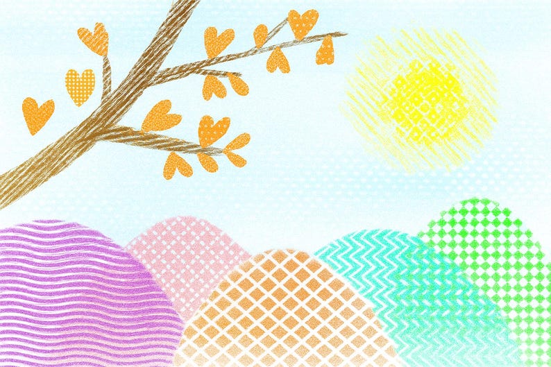 K&ouml;nnte beinhalten: Eine skurrile Illustration mit einem Ast mit herzf&ouml;rmigen Bl&auml;ttern und einer gelben Sonne in einem hellblauen Himmel. Darunter bunte H&uuml;gel mit gemusterten Designs in Lila, Rosa, Orange, T&uuml;rkis und Gr&uuml;n, die dem Kunstwerk eine verspielte Note verleihen.