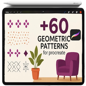 May include: A digital illustration on a tablet featuring geometric patterns, a potted plant, and a purple armchair. The text reads "+60 Geometric Patterns for Procreate". A white stylus is on top of the tablet.