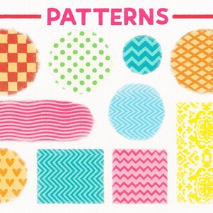 K&ouml;nnte beinhalten: Eine Sammlung farbenfroher Musterdesigns, darunter Kreise, Rechtecke und eine wellenf&ouml;rmige Form. Die Muster weisen verschiedene Designs wie Punkte, Zickzackmuster und ein Schachbrettmuster auf. Das Wort "PATTERNS" steht in Rosa oben.