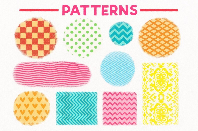K&ouml;nnte beinhalten: Eine Sammlung farbenfroher Musterdesigns, darunter Kreise, Rechtecke und eine wellenf&ouml;rmige Form. Die Muster weisen verschiedene Designs wie Punkte, Zickzackmuster und ein Schachbrettmuster auf. Das Wort "PATTERNS" steht in Rosa oben.