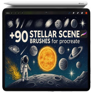 May include: A digital illustration on a tablet screen showcases a space-themed design. The image features planets, stars, an astronaut, and the text "+90 STELLAR SCENE BRUSHES for procreate". A white stylus is positioned above the tablet.