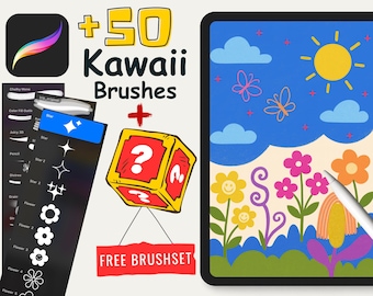Kawaii Flower and Sparkle Procreate Stamps, Doodle Brushes, Paper Texture brush Set, Color Swatches, Glitter Spray