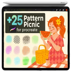 以下が含まれることがあります： 「+25 Pattern Picnic for procreate」のテキストが表示されたデジタルイラストが描かれたiPad。スイカを食べる女の子、ピクニックバスケット、さまざまなパターン見本が描かれています。白いApple Pencilが上に置かれています。