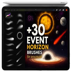 May include: A black tablet displays a Procreate interface with brush options and a space-themed graphic. The graphic features a bright yellow sun, planets, and the text "+30 EVENT HORIZON BRUSHES for procreate". An Apple Pencil rests on top.