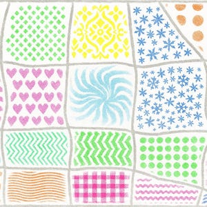 K&ouml;nnte beinhalten: Ein farbenfrohes, gemustertes Design mit einem Raster aus verschiedenen Formen und Mustern. Das Design umfasst Herzen, Zickzacklinien, Punkte, Rauten und florale Motive in Rosa-, Gr&uuml;n-, Gelb-, Blau- und Oranget&ouml;nen. Der Hintergrund ist hellgrau.