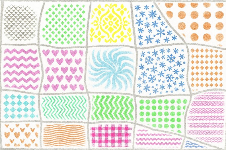K&ouml;nnte beinhalten: Ein farbenfrohes, gemustertes Design mit einem Raster aus verschiedenen Formen und Mustern. Das Design umfasst Herzen, Zickzacklinien, Punkte, Rauten und florale Motive in Rosa-, Gr&uuml;n-, Gelb-, Blau- und Oranget&ouml;nen. Der Hintergrund ist hellgrau.