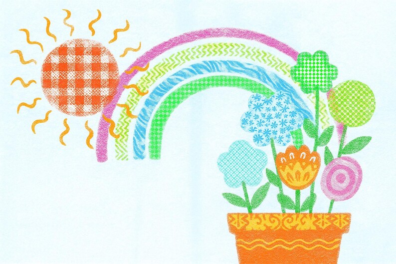 K&ouml;nnte beinhalten: Bunte Illustration von Sonne, Regenbogen und Blumen in einem Topf. Die Sonne ist orange mit einem Vichy-Muster, und der Regenbogen hat Streifen in Rosa, Gr&uuml;n, Blau und Orange. Die Blumen haben verschiedene Formen und Farben.