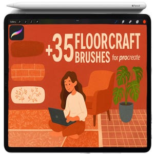 Może przedstawiać: Ilustracja na tablecie przedstawiająca kobietę z laptopem, pomarańczowym fotelem i rośliną doniczkową. Tekst brzmi "+35 FLOORCRAFT BRUSHES for procreate". Biały rysik znajduje się na tablecie.