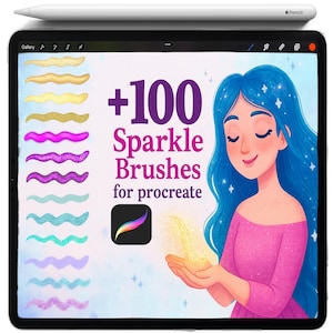 May include: A digital art illustration on a tablet featuring a woman with blue hair and a pink dress. The screen displays "+100 Sparkle Brushes for procreate" with various glitter brushstroke samples. A white Apple Pencil is on top.
