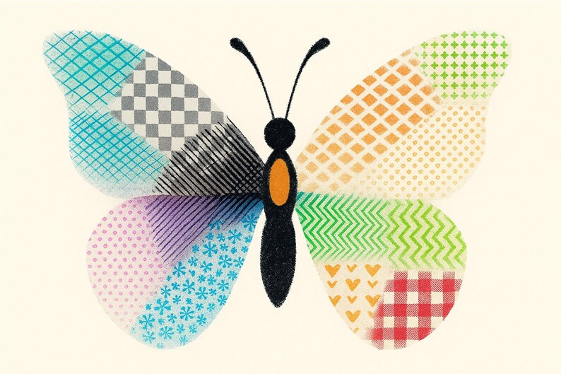 K&ouml;nnte beinhalten: Eine farbenfrohe Schmetterlingsillustration mit gemusterten Fl&uuml;geln. Die Fl&uuml;gel sind in Abschnitte mit verschiedenen Designs unterteilt, darunter karierte, gestreifte und florale Muster. Der K&ouml;rper des Schmetterlings ist schwarz mit einem orangefarbenen Zentrum und schwarzen Antennen.