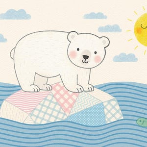 K&ouml;nnte beinhalten: Eine skurrile Illustration eines Eisb&auml;ren, der auf einem bunten Eisberg im blauen Wasser steht. Eine l&auml;chelnde gelbe Sonne und blaue Wolken im Hintergrund. Ein gr&uuml;ner Fisch schwimmt im Wasser.