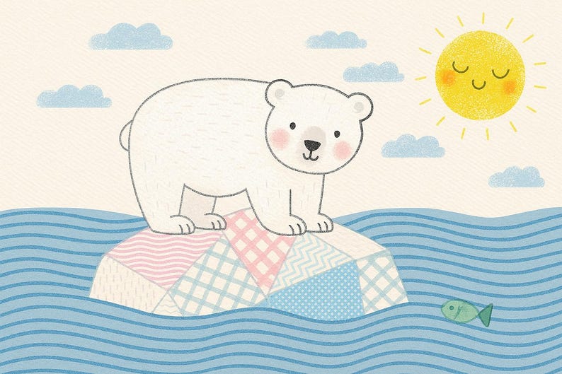 K&ouml;nnte beinhalten: Eine skurrile Illustration eines Eisb&auml;ren, der auf einem bunten Eisberg im blauen Wasser steht. Eine l&auml;chelnde gelbe Sonne und blaue Wolken im Hintergrund. Ein gr&uuml;ner Fisch schwimmt im Wasser.