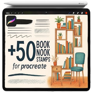 May include: A digital illustration on a tablet featuring a Procreate app icon, brush strokes, and the text "+50 BOOK NOOK STAMPS for procreate." The image includes a bookshelf, a small table, a chair, and a digital pencil.