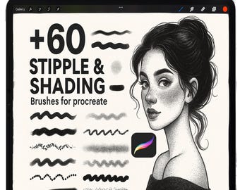 May include: A digital illustration on a tablet featuring a woman's portrait and various stipple and shading brushes. The text reads "+60 Stipple & Shading Brushes for Procreate". A white Apple Pencil rests on top of the tablet.